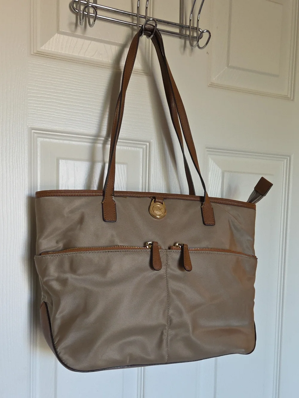 MICHAEL Michael Kors Taupe Nylon Tote with Brown Trim and Gold Hardware - Picture 1 of 12